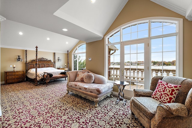 bedroom with vaulted ceiling, a water view, carpet flooring, and access to exterior