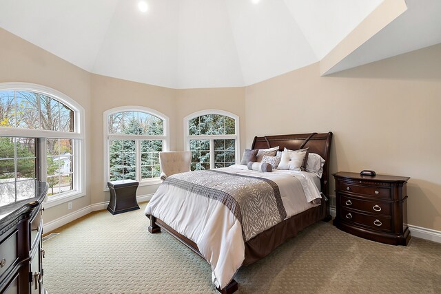 carpeted bedroom featuring lofted ceiling