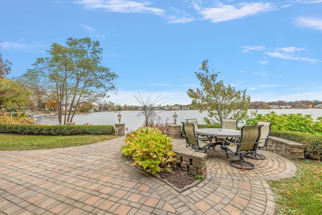 view of patio / terrace featuring a water view