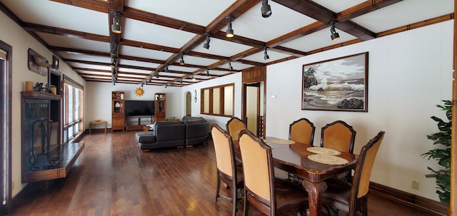 dining room with dark wood-type flooring, coffered ceiling, and beam ceiling