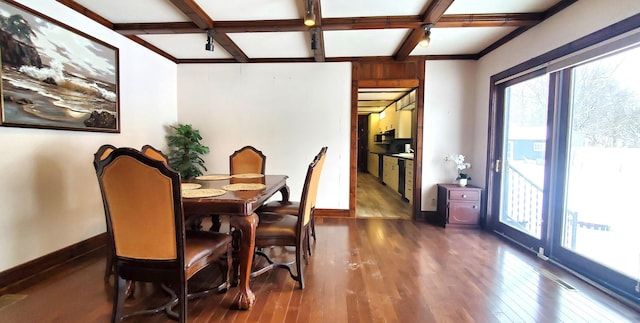 dining space featuring coffered ceiling, dark wood-type flooring, and beamed ceiling