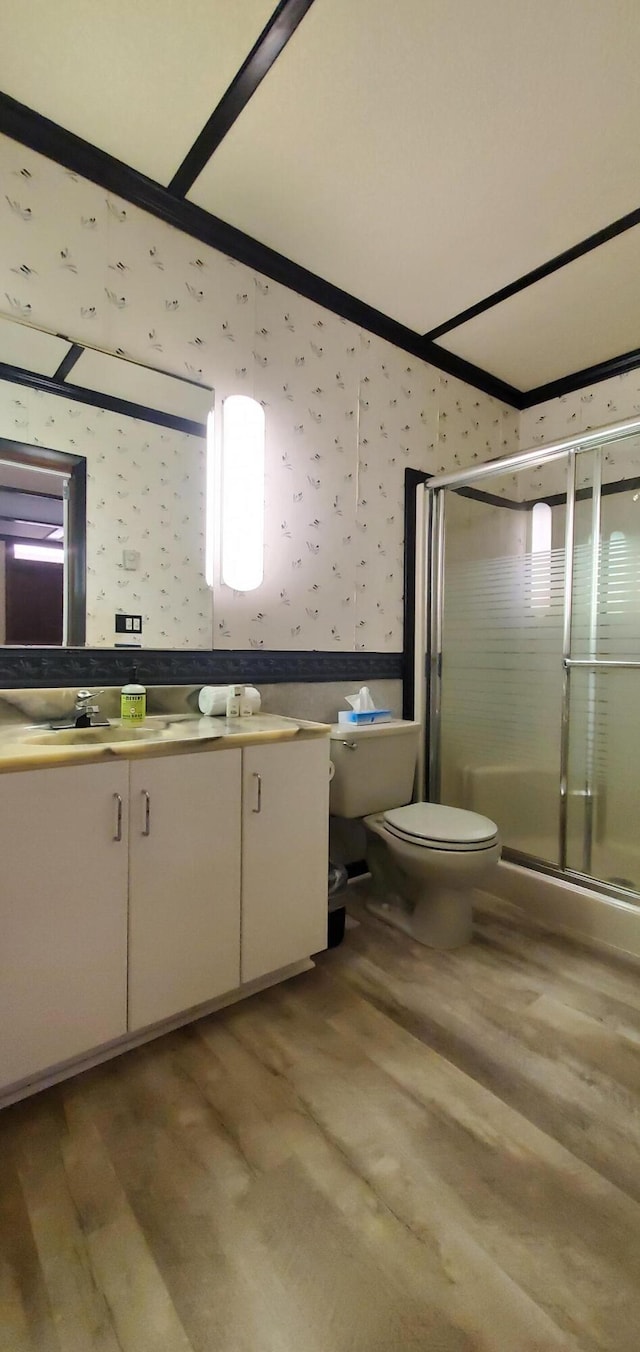 bathroom featuring vanity, an enclosed shower, and toilet