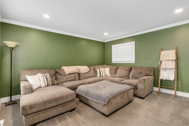 living room featuring light carpet and crown molding