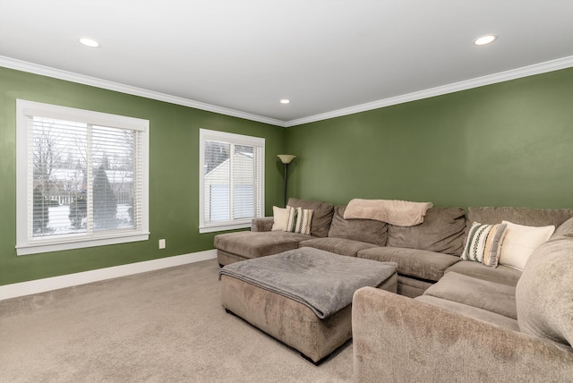 carpeted living room featuring crown molding