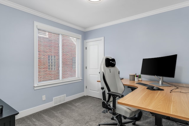 office space featuring ornamental molding and carpet floors