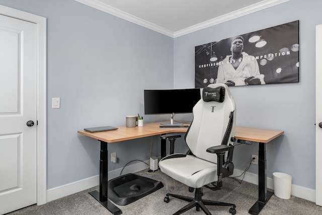 office space with crown molding and carpet floors