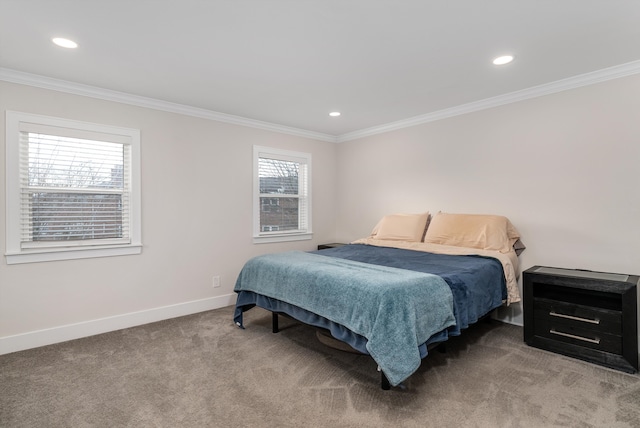 carpeted bedroom with ornamental molding