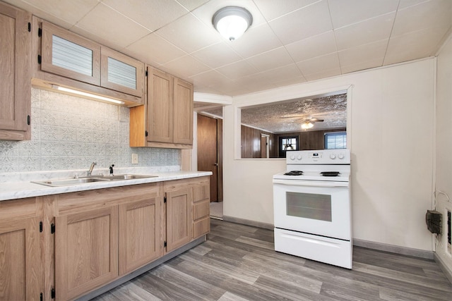 kitchen with white electric range oven, sink, light brown cabinets, hardwood / wood-style flooring, and decorative backsplash