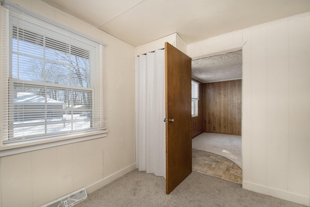 interior space with light carpet, wooden walls, and a healthy amount of sunlight