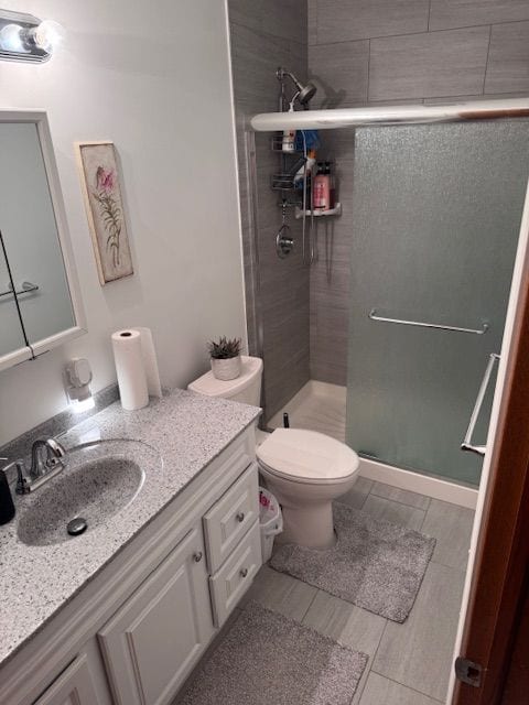 bathroom with vanity, an enclosed shower, and toilet