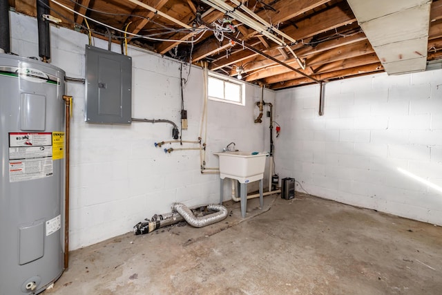 basement with water heater, sink, and electric panel