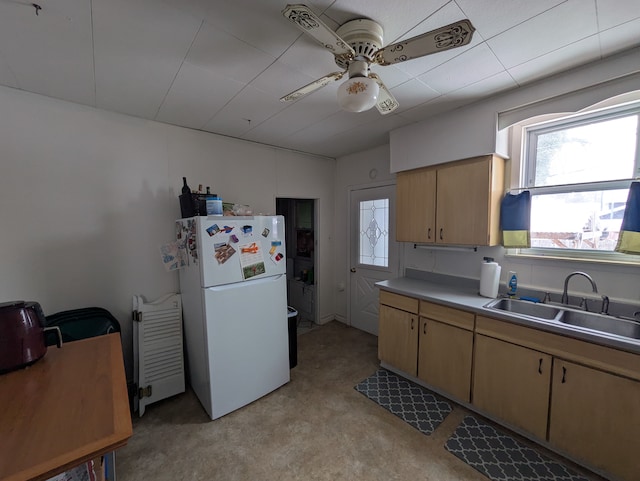 kitchen featuring white fridge, sink, light brown cabinetry, and ceiling fan