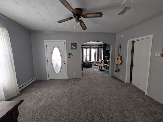 carpeted entrance foyer featuring crown molding, ceiling fan, and baseboard heating