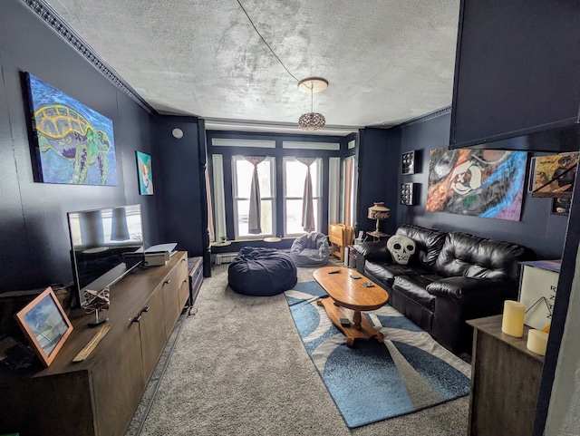 living room with carpet flooring and a textured ceiling