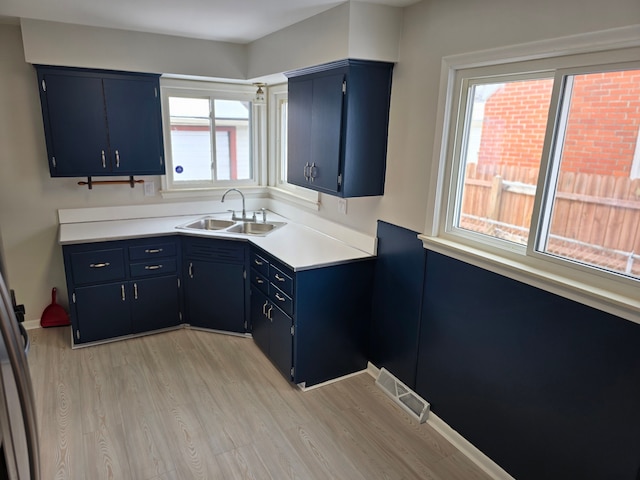 kitchen featuring blue cabinets, sink, and light wood-type flooring