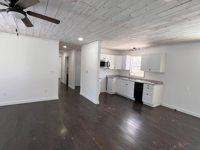 kitchen with wood ceiling, white cabinetry, dark hardwood / wood-style floors, and black dishwasher