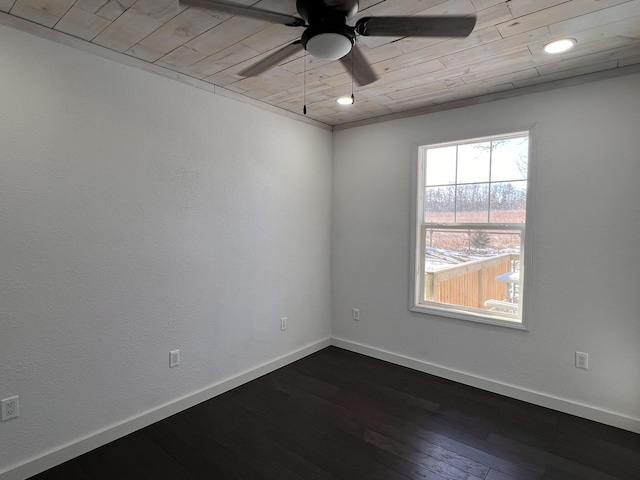 empty room with wood ceiling, ceiling fan, and dark wood-type flooring