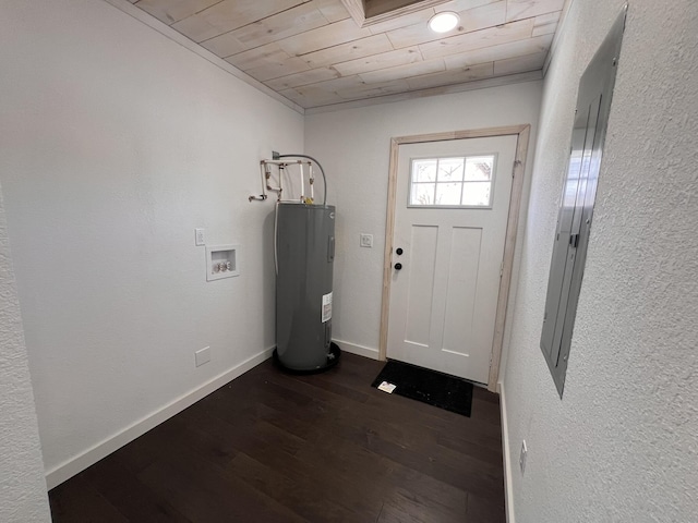 foyer featuring ornamental molding, dark hardwood / wood-style flooring, electric water heater, and wooden ceiling