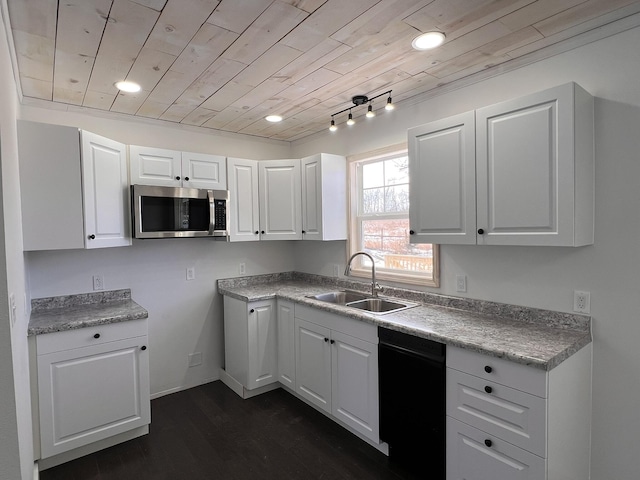 kitchen with white cabinetry, dishwasher, sink, and wooden ceiling