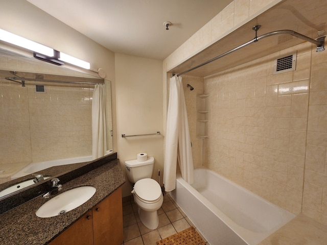 full bathroom with vanity, shower / bath combo, tile patterned floors, and toilet