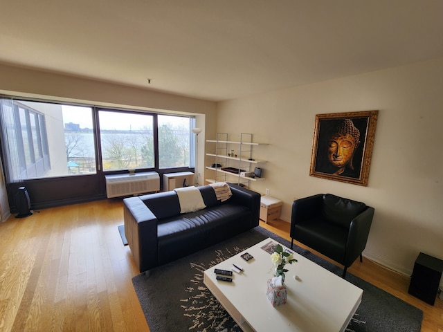 living room with light hardwood / wood-style floors and an AC wall unit