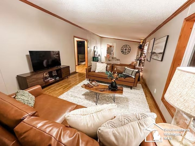 living room with ornamental molding, a textured ceiling, and light hardwood / wood-style floors