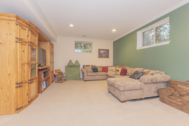 carpeted living room featuring crown molding and a wealth of natural light