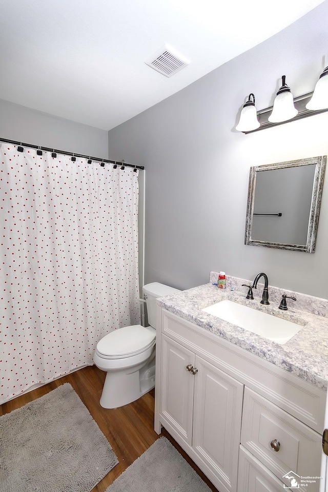 bathroom featuring vanity, wood-type flooring, and toilet