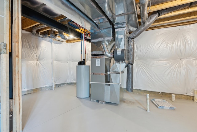 basement with gas water heater and heating unit