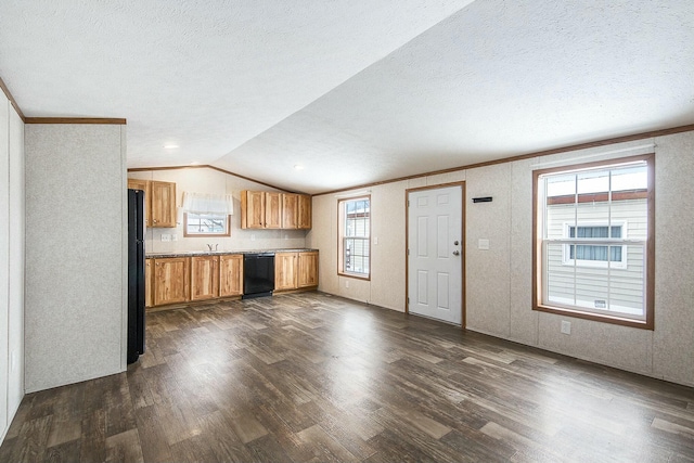 kitchen featuring dark hardwood / wood-style flooring, vaulted ceiling, a textured ceiling, and black appliances