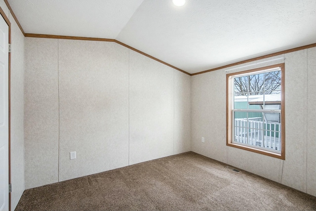 carpeted empty room with ornamental molding, lofted ceiling, and a textured ceiling