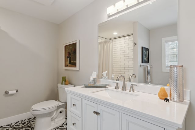 bathroom featuring tile patterned flooring, vanity, walk in shower, and toilet