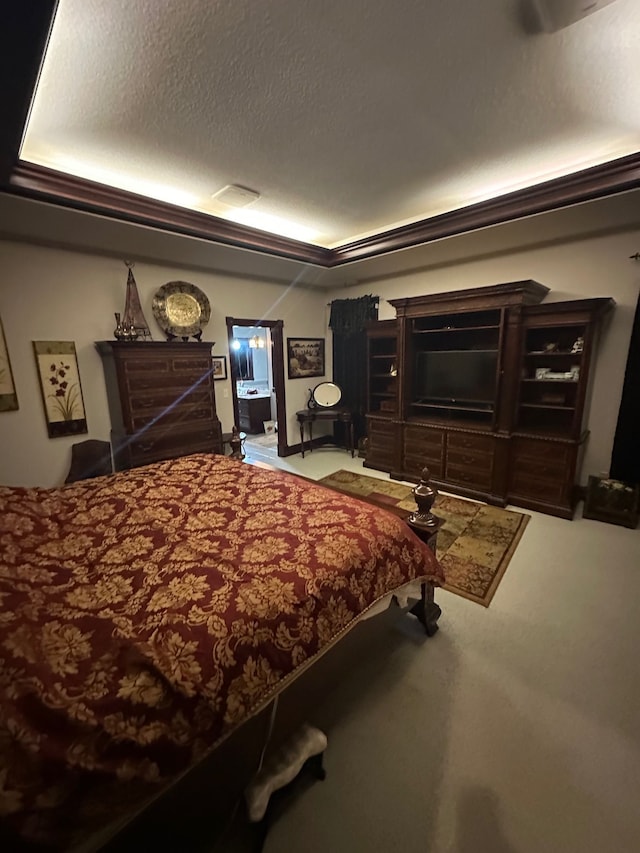 carpeted bedroom with a raised ceiling and a textured ceiling