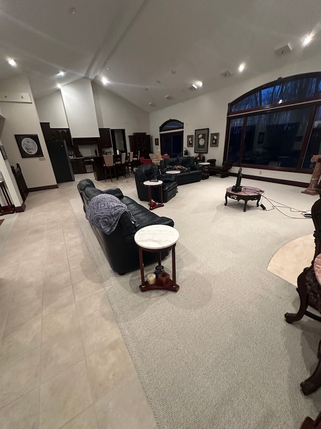 living room featuring lofted ceiling