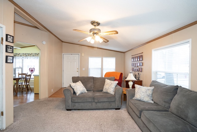 carpeted living room featuring ornamental molding, lofted ceiling, and ceiling fan