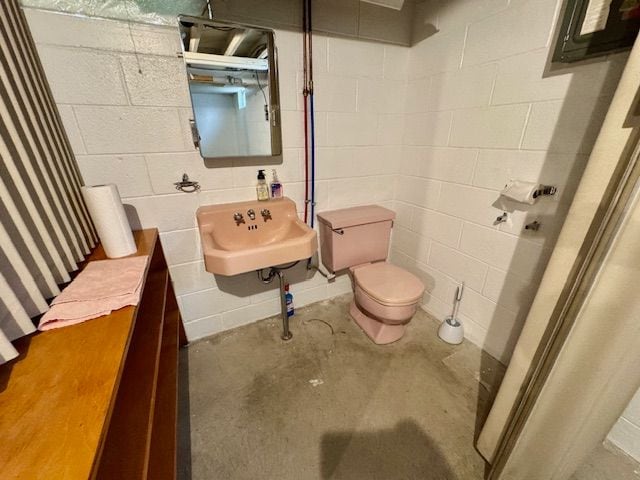 bathroom with toilet, sink, and concrete floors