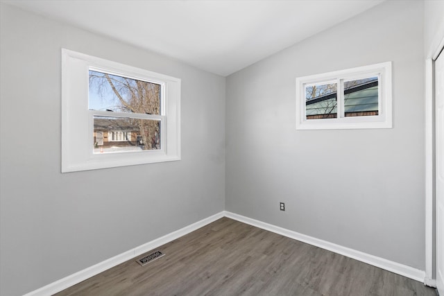 unfurnished room featuring lofted ceiling and dark wood-type flooring