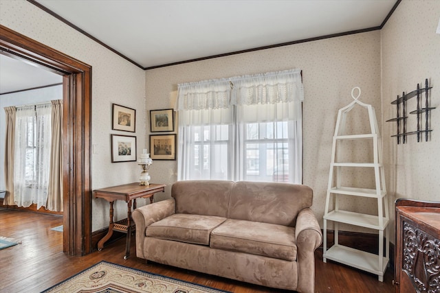 living room with crown molding and dark hardwood / wood-style flooring