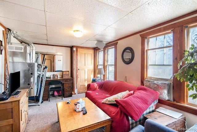 carpeted living room featuring a paneled ceiling