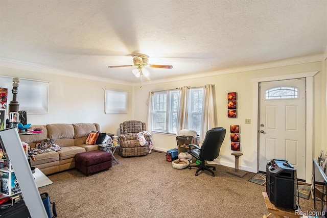 living room with ceiling fan, carpet, ornamental molding, and a textured ceiling