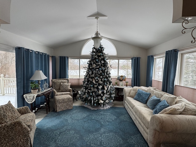 living room featuring a healthy amount of sunlight, lofted ceiling, and carpet