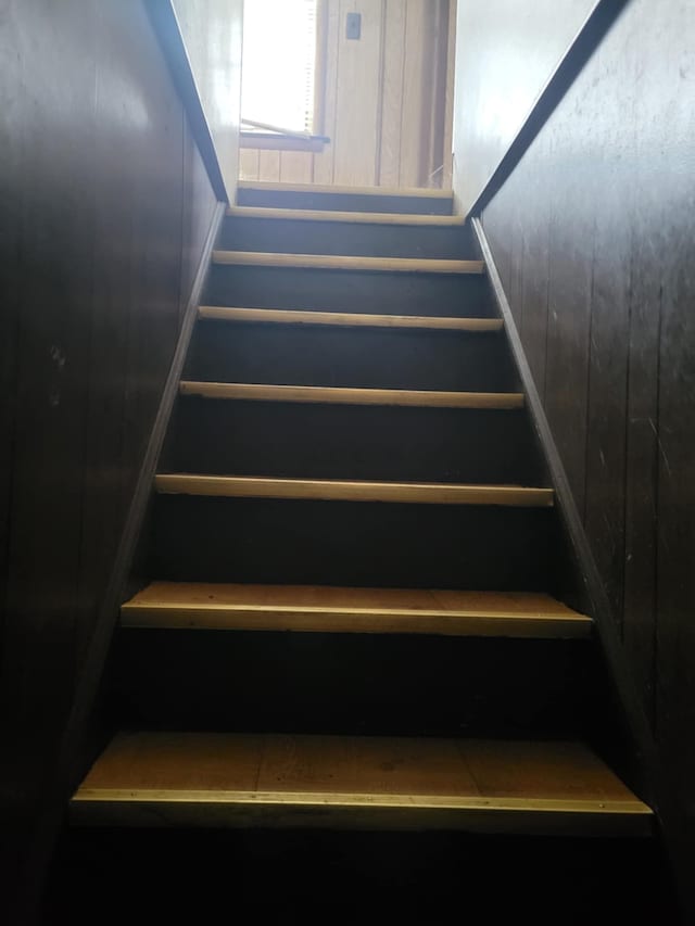 stairs featuring wood walls