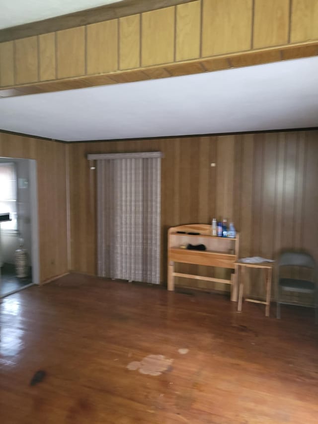 interior space featuring dark hardwood / wood-style floors and wooden walls