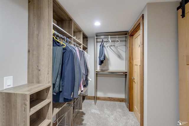 spacious closet featuring a barn door and carpet flooring