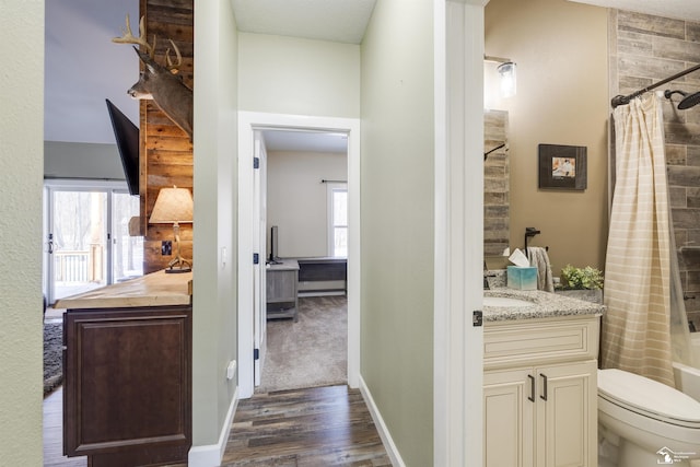 full bathroom featuring a healthy amount of sunlight, vanity, toilet, and shower / bath combo