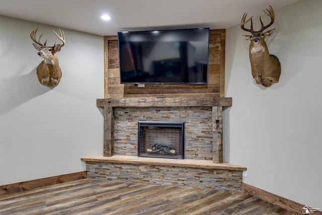 living room featuring a fireplace and hardwood / wood-style floors