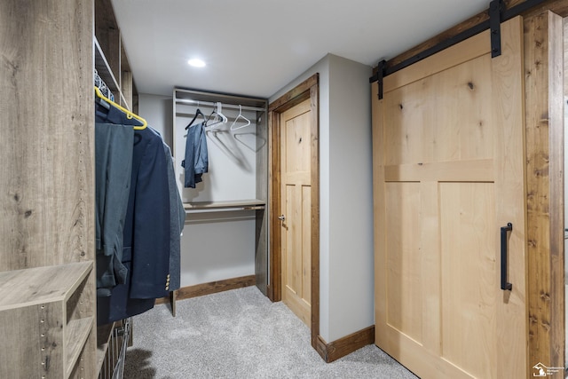 spacious closet featuring a barn door and carpet