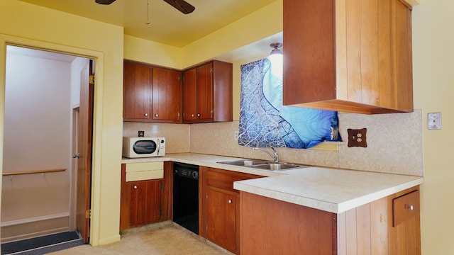 kitchen featuring sink, ceiling fan, black dishwasher, light carpet, and decorative backsplash