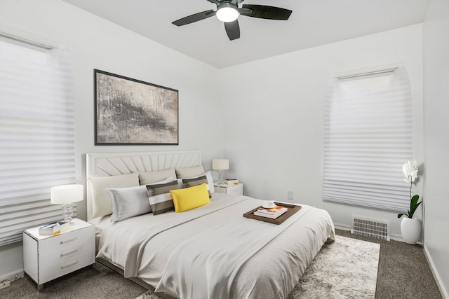 bedroom featuring ceiling fan and carpet flooring