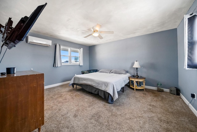 carpeted bedroom with an AC wall unit and ceiling fan
